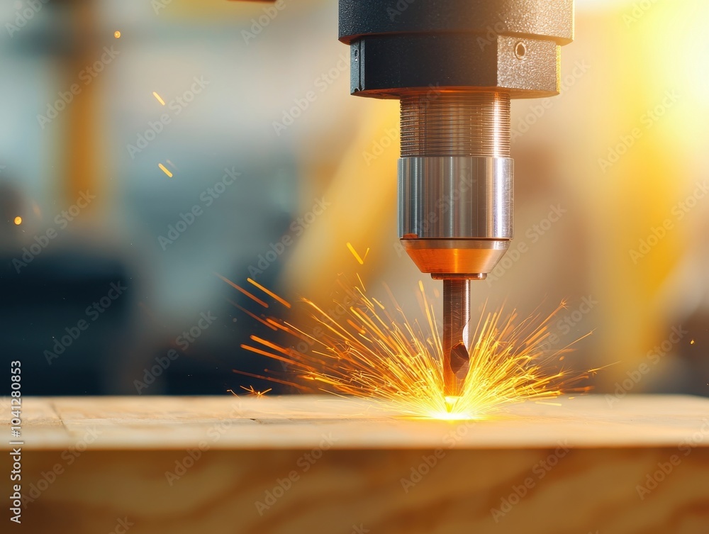 Poster precision laser cutting machine working on wood, creating sparks in a workshop environment.