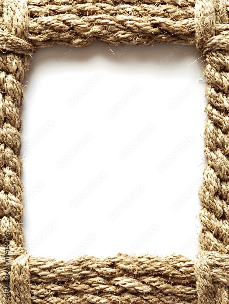 Poster handcrafted woven fabric frame isolated on white background with visible stitches and texture