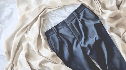 Neatly pressed black pants laid on a soft luxurious bedspread in a minimalist studio setting showcasing the fabric clean lines and contemporary design