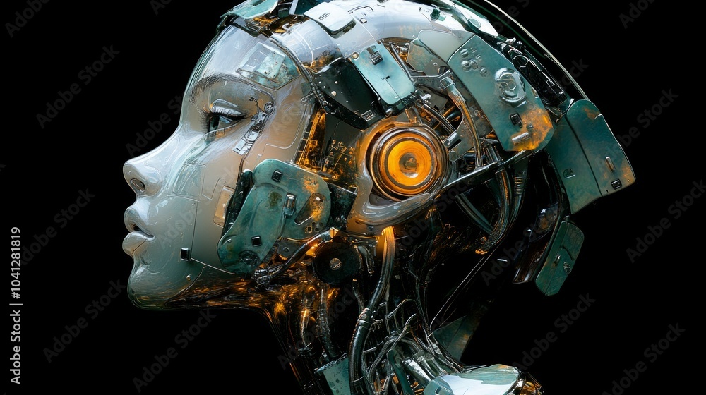 Poster explore the future of technology with a conceptual image of a robotic head. this artwork blends real