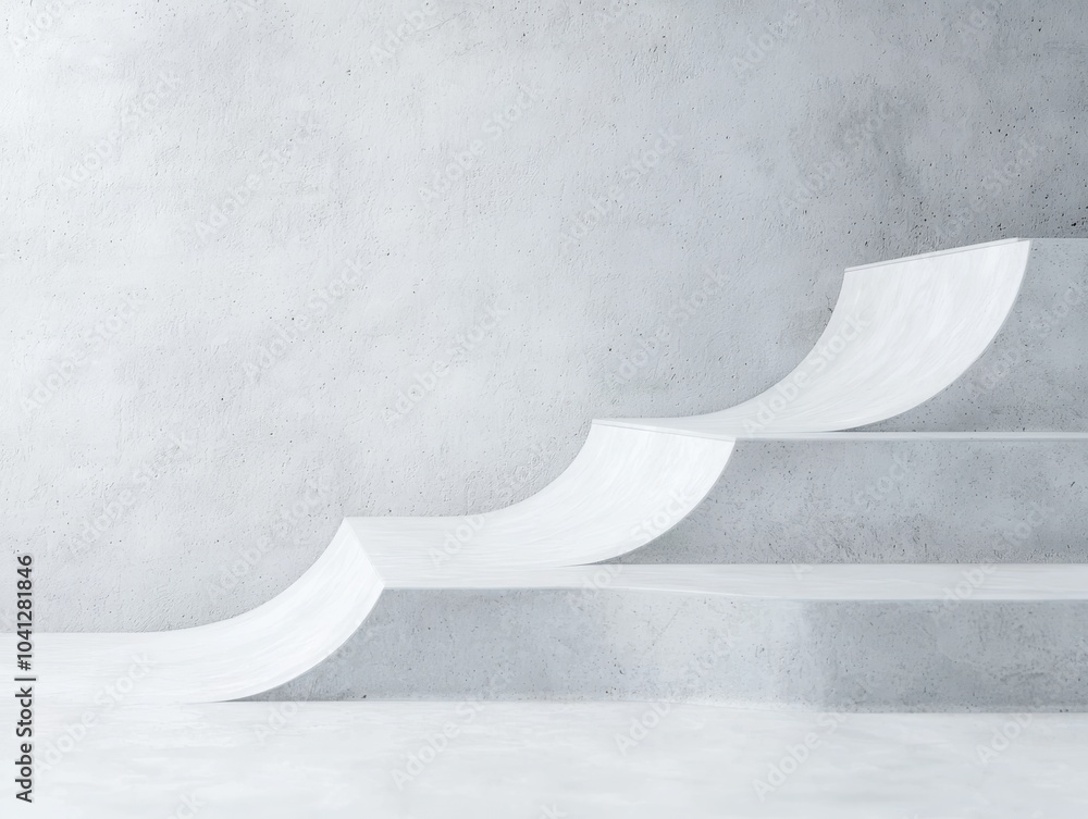Poster stylish white staircase design with soft curves on a light gray background.
