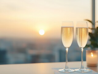 Obraz premium Two elegant champagne glasses set against a beautiful sunset backdrop.