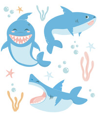 Naklejka premium Cute sharks vector set
