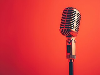 Fototapeta premium Vintage microphone on a vibrant red background, perfect for music and performance themes.