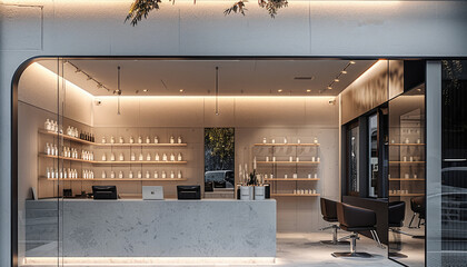 Exterior, a hair salon with a white facade accented by black and stainless-steel panels in an urban setting.