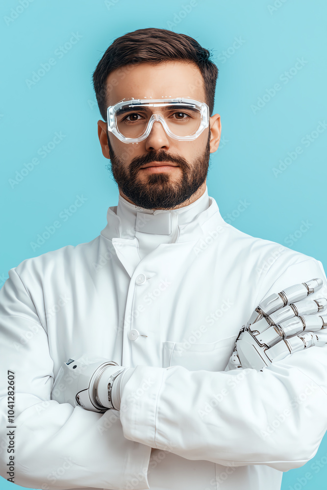 Poster innovative scientist with robotic arm showcasing the future of technology and science in a modern la