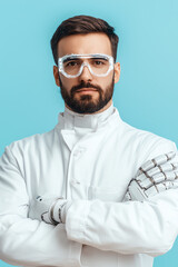 Fototapeta premium Innovative scientist with robotic arm showcasing the future of technology and science in a modern laboratory setting