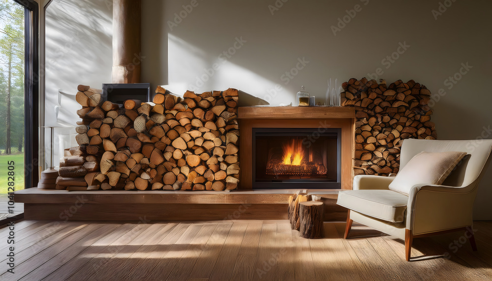 Poster an artistic perspective on a cozy fireplace setting with neatly stacked wooden logs and a relaxing a