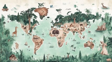 Illustrated World Map with Wildlife