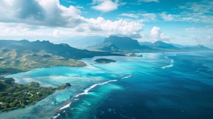 Aerial view of a breathtaking tropical coastline with turquoise waters, lush greenery, sandy shores, and majestic mountains under a sunny, cloud-speckled sky.