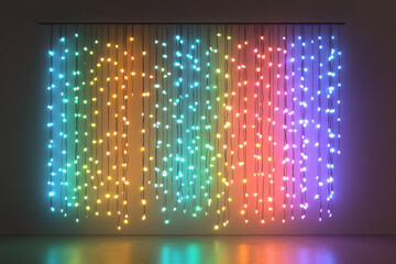 A curtain of colorful LED fairy lights in gradient rainbow hues creating a vibrant and modern illuminated display
