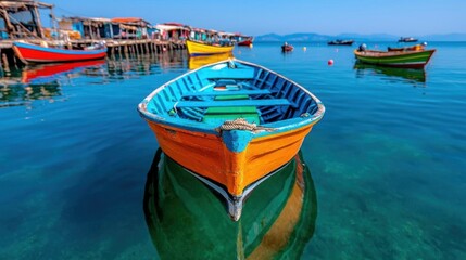Obraz premium A photostock of a small fishing village by the sea, with colorful boats anchored near the dock. Nikon camera, 85mm lens, f/4 aperture, 1/200 shutter speed, focused on the boats