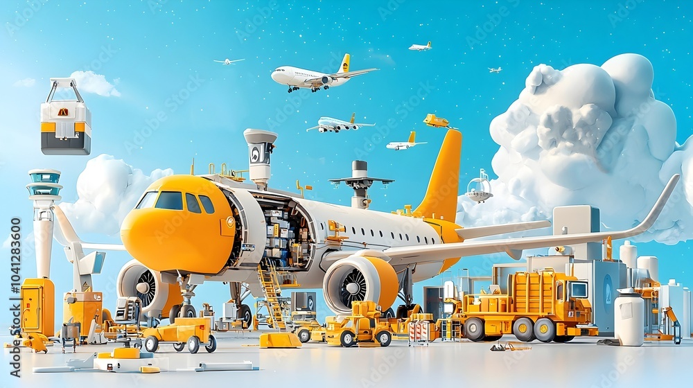 Poster detailed cross section view of a modern airport terminal showcasing its efficient and multifunctiona