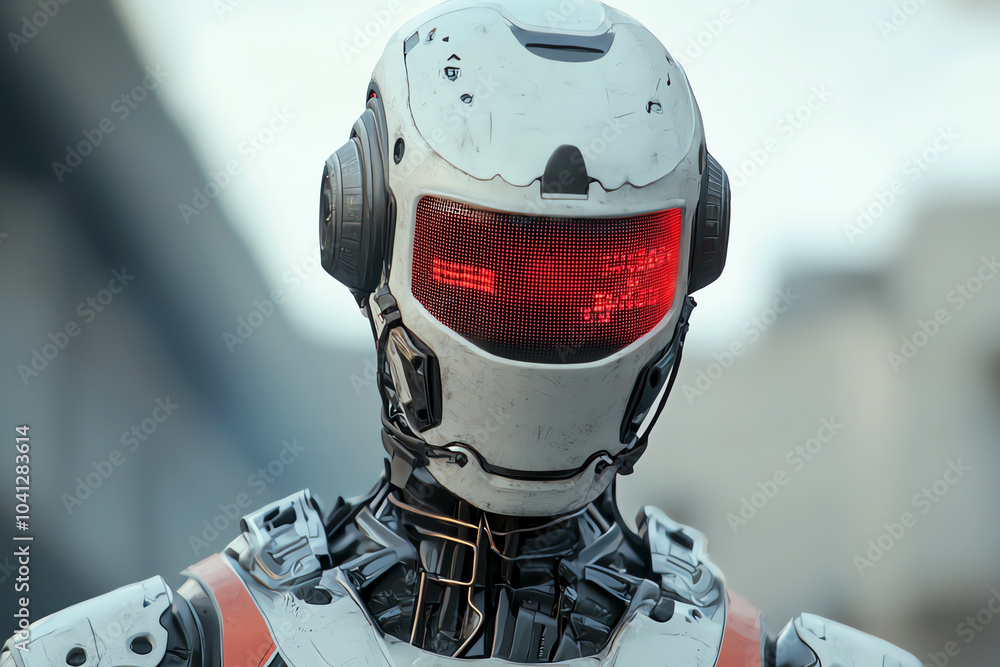 Poster futuristic robot with red led eyes exploring the intersection of technology and humanity