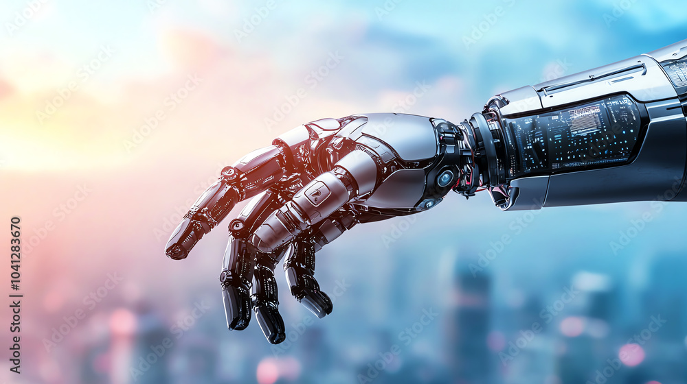 Poster the future of robotics exploring the intricate design of a human-like mechanical hand in a modern ur