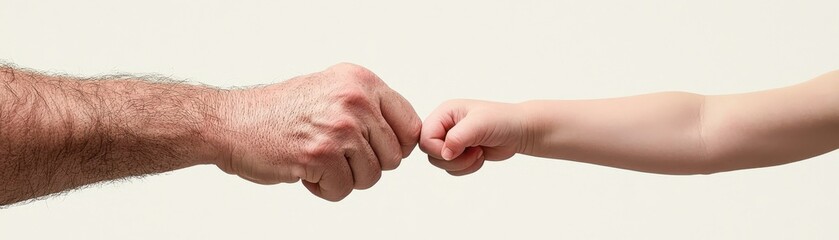 Fototapeta premium A close-up of a parent's and child's fist bump, symbolizing connection and support, on a white isolated background.