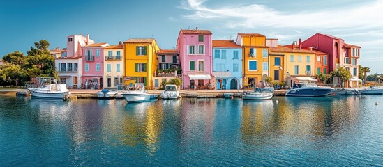 Obraz premium A row of colorful houses on a waterfront with boats in the water.