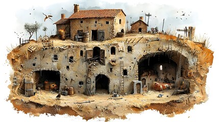 Detailed cross section view showcasing the intricate design and layout of a medieval castle featuring dungeons grand halls and a complex network of secret underground passages