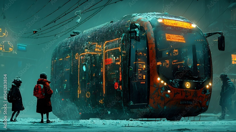 Aufkleber Futuristic and innovative digital rendering of a glowing mesh bus station with illuminated passenger routes and waiting area showcasing a modern technology driven urban transportation concept