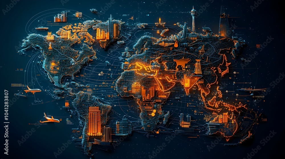 Leinwandbilder glowing mesh lines illustrating a world map with highlighted travel routes and landmarks representin