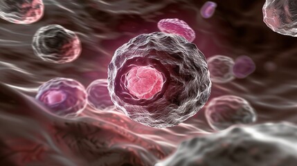 Microscopic view of a cell undergoing apoptosis, nucleus shrinking and chromatin condensing, surrounded by other cells, cellular structures in focus.