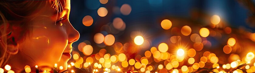 Obraz premium Christmas Background, Child's profile with warm, glowing lights in a festive atmosphere.