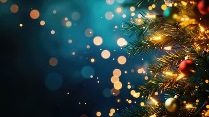 Christmas Background, Christmas tree with decorations and soft glowing lights against a dark background.