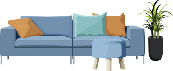 A comfortable blue couch awaits in this living room scene.