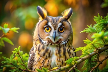 Gazing intently from a dense branch, this Long Eared Owl captures attention with its large, expressive eyes, perfectly blending into its natural habitat.