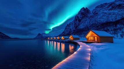 Fototapeta premium A photostock of a snowy village under the northern lights, with colorful aurora filling the sky. Nikon camera, 24mm lens, f/2.8 aperture, 1/50 shutter speed, focused on the village