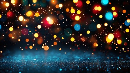 Obraz premium Christmas Background, Colorful bokeh lights creating a vibrant, dreamy atmosphere on a dark background.