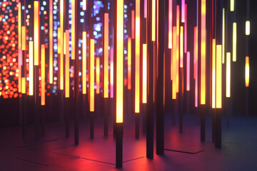 An array of LED light poles in various colors creates an immersive art installation in a dimly lit environment
