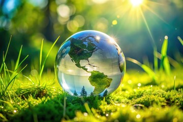 Glass Globe of Earth on Grass - Sustainable Planet Concept for New Year and Climate Change Awareness