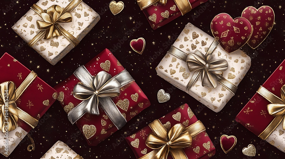 Poster Digital pattern featuring gift boxes with heart-patterned wrapping, gold and silver ribbon accents, deep burgundy background, luxurious appearance, intricate details, glossy finish, hd quality,