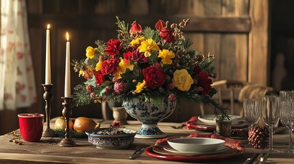 Naklejka premium Colorful Holiday Table Setting with Floral Arrangement