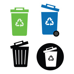 Set of colored recycling bins on a white background. Vector illustration. Trash bin/can icon symbol.