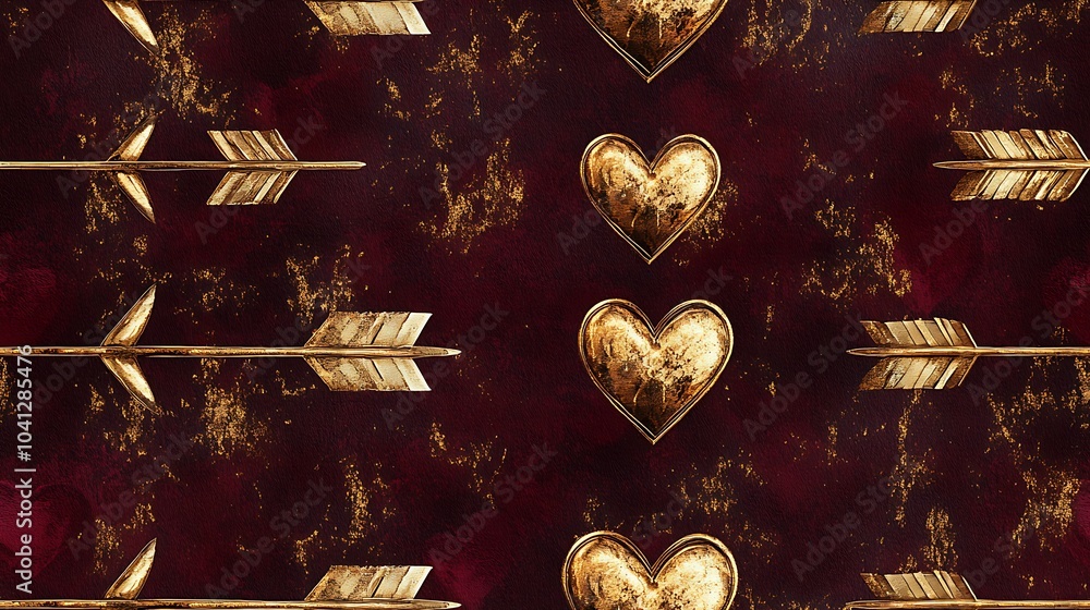 Sticker Digital pattern featuring hearts and arrows, gold metallic accents on a deep burgundy background, glossy finish, elegant and romantic vibe, intricate details, stylized arrowheads,