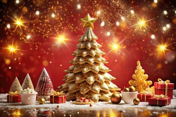 Glowing Gold Christmas Tree with Sparkling Lights and Snowflakes - Festive Holiday Background