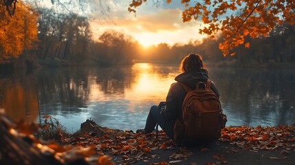 Traveler with backpack relaxing by autumn river at sunset. Young woman breathing deep feeling happy and free. 
