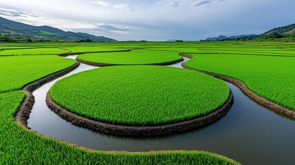 A photostock of a vibrant green rice paddy field, with water reflections during the golden hour. Nikon camera, 35mm lens, f/5.6 aperture, 1/200 shutter speed, focused on the water