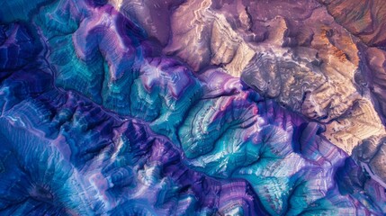 This image captures an aerial abstract perspective showcasing vivid, colorful rock formations resembling a stunning natural canvas with layers of texture and depth.