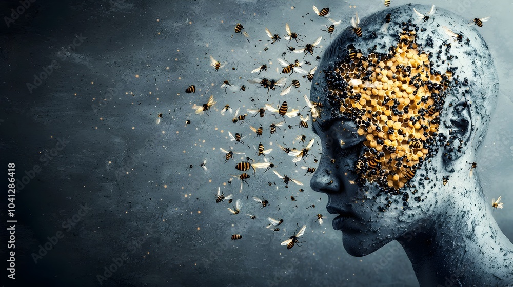 Poster Beehive Mind A Cross Sectional Visualization of the Complex Interconnected Thought Processes within the Human Psyche  This abstract image represents the bustling activity interconnectivity