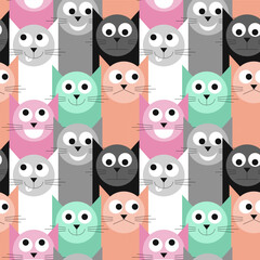 Abstract colorful geometric cats with various face expressions seamless pattern. Vector illustration