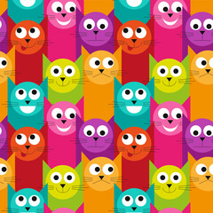 Abstract colorful geometric cats with various face expressions seamless pattern. Vector illustration