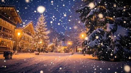 Fototapeta premium Winter Village Covered in Sparkling Snow at Night