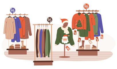 New Year Fashion Sale. Store interior Christmas shopping. Fashionable clothes on hangers and shoes and mannequin in ugly xmas sweater with Santa. Vector illustration. Purchase concept. Black Friday