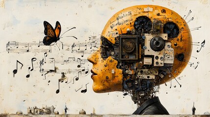 Captivating cross section of a human head with a vibrant flow of musical notes and symbols representing the stream of consciousness and the creative expressive power of the mind