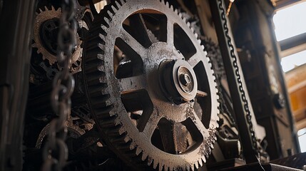 Massive Cogwheel in Old Mechanical System with Gears and Chains