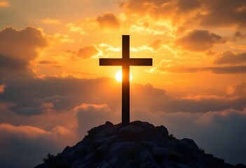 Silhouette of a Cross at Sunrise on a Mountain