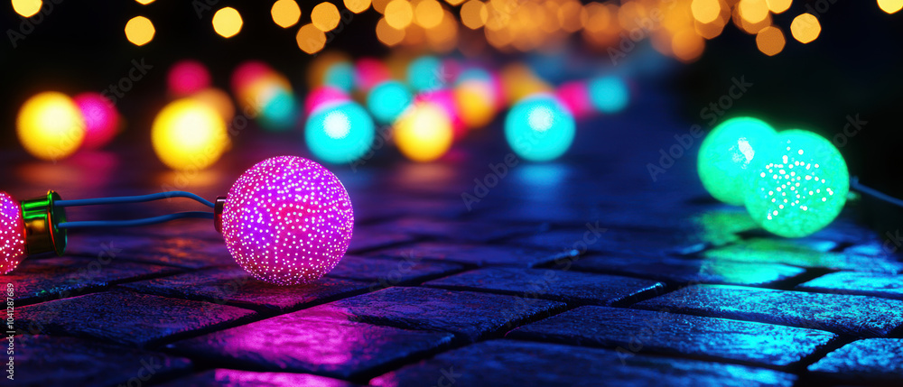 Aufkleber a vibrant display of colorful glowing spheres on a cobblestone path, creating a whimsical and enchan
